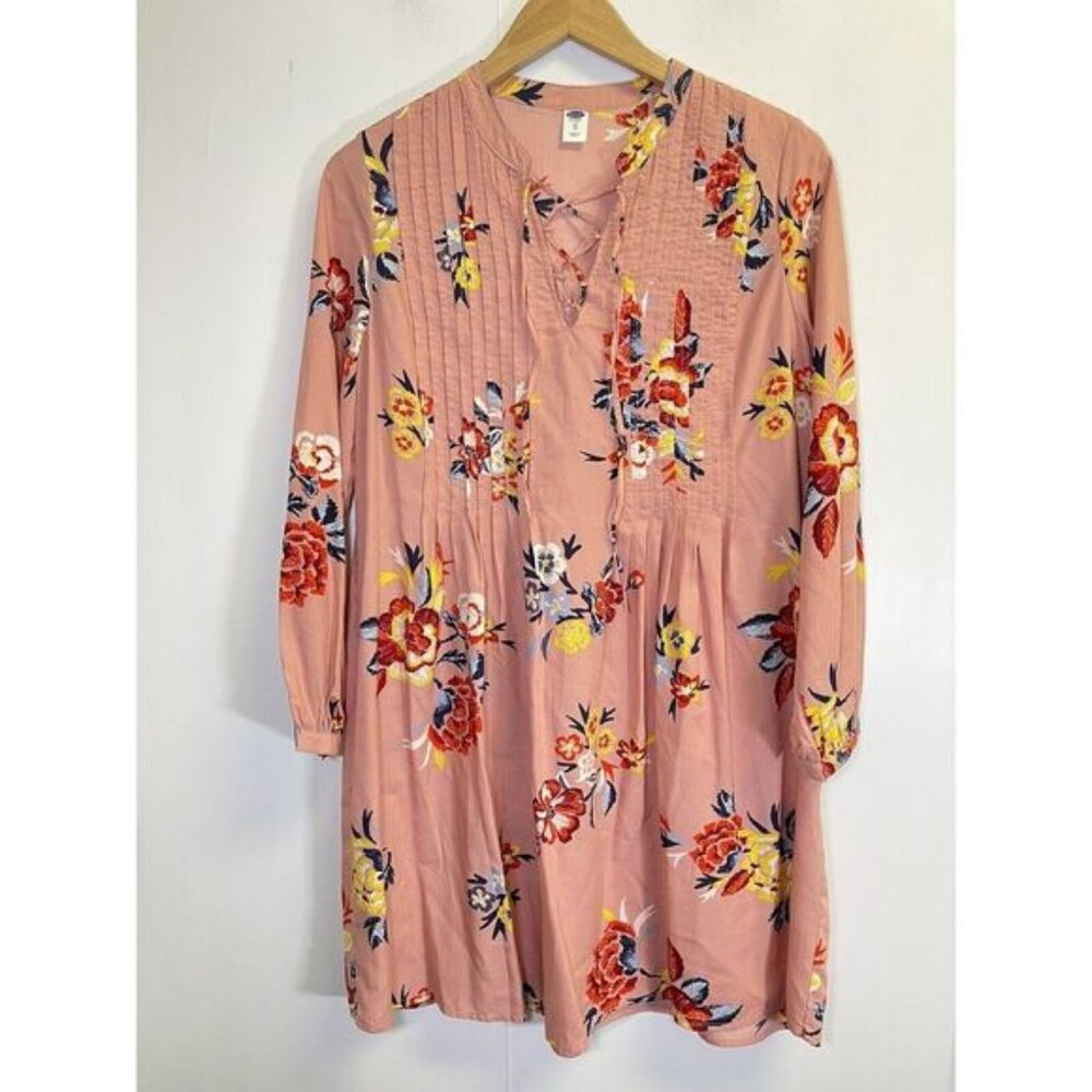 Old Navy Women's XS Blush Pink Floral Dress Long Sleeve Pintuck Front & Tie Neck